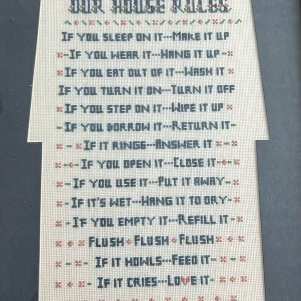 Framed 'Our House Rules' Cross-Stitch Wall Art